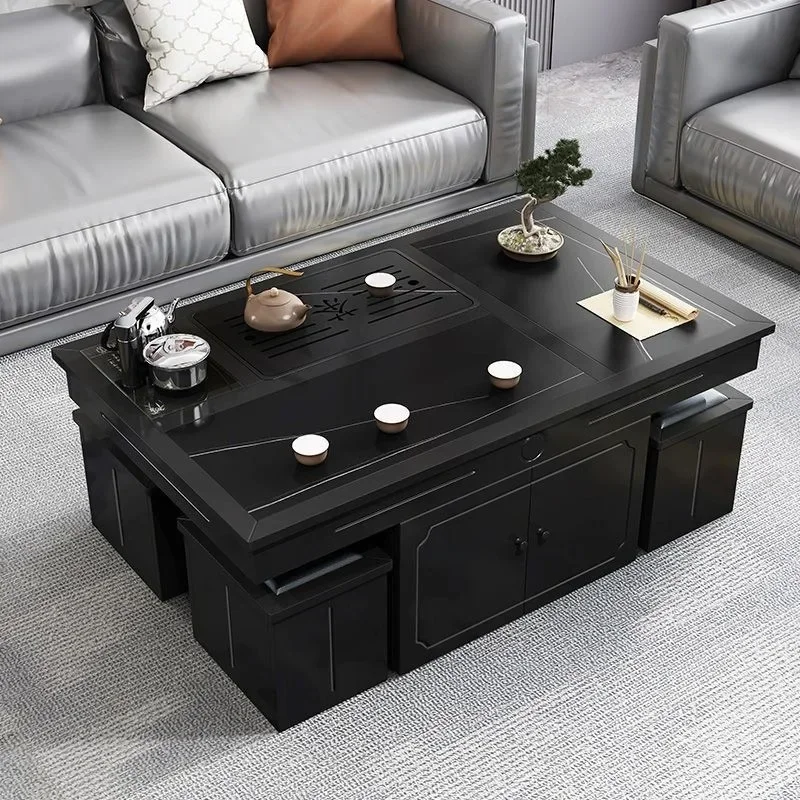 w28-  rock slab kung fu coffee table with kettle four stools living room office tea set rock slab coffee table
