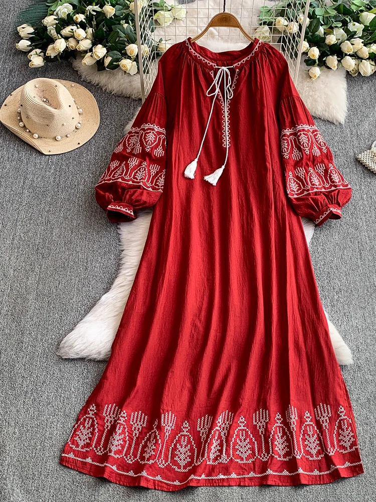 

Богемное платье с вышивкой в отпускном стиле, темпераментное, на шнуровке, с круглым вырезом, с рукавами-фонариками, женское осеннее свободное длинное платье, Vestidos DS221