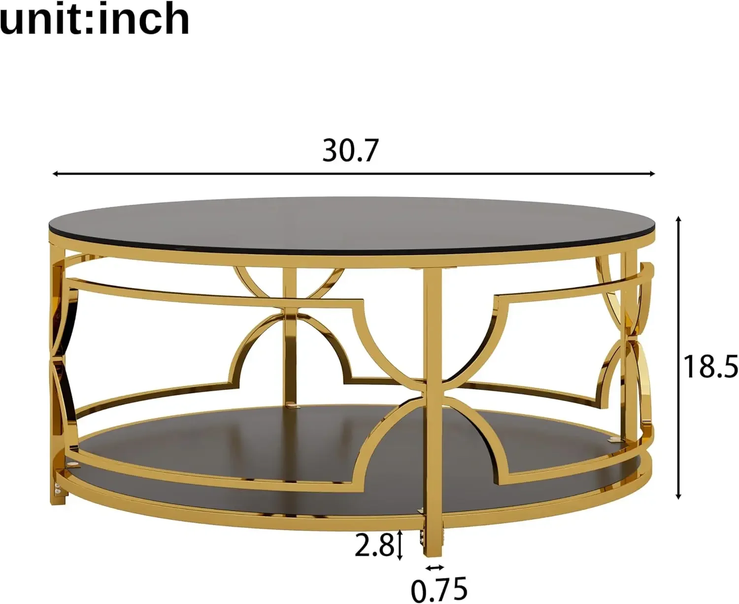 30.7'' Round Tempered Glass Coffee Table with Gold Metal Frame & Lower Shelf, Geometric Base Design for Living Room, Black