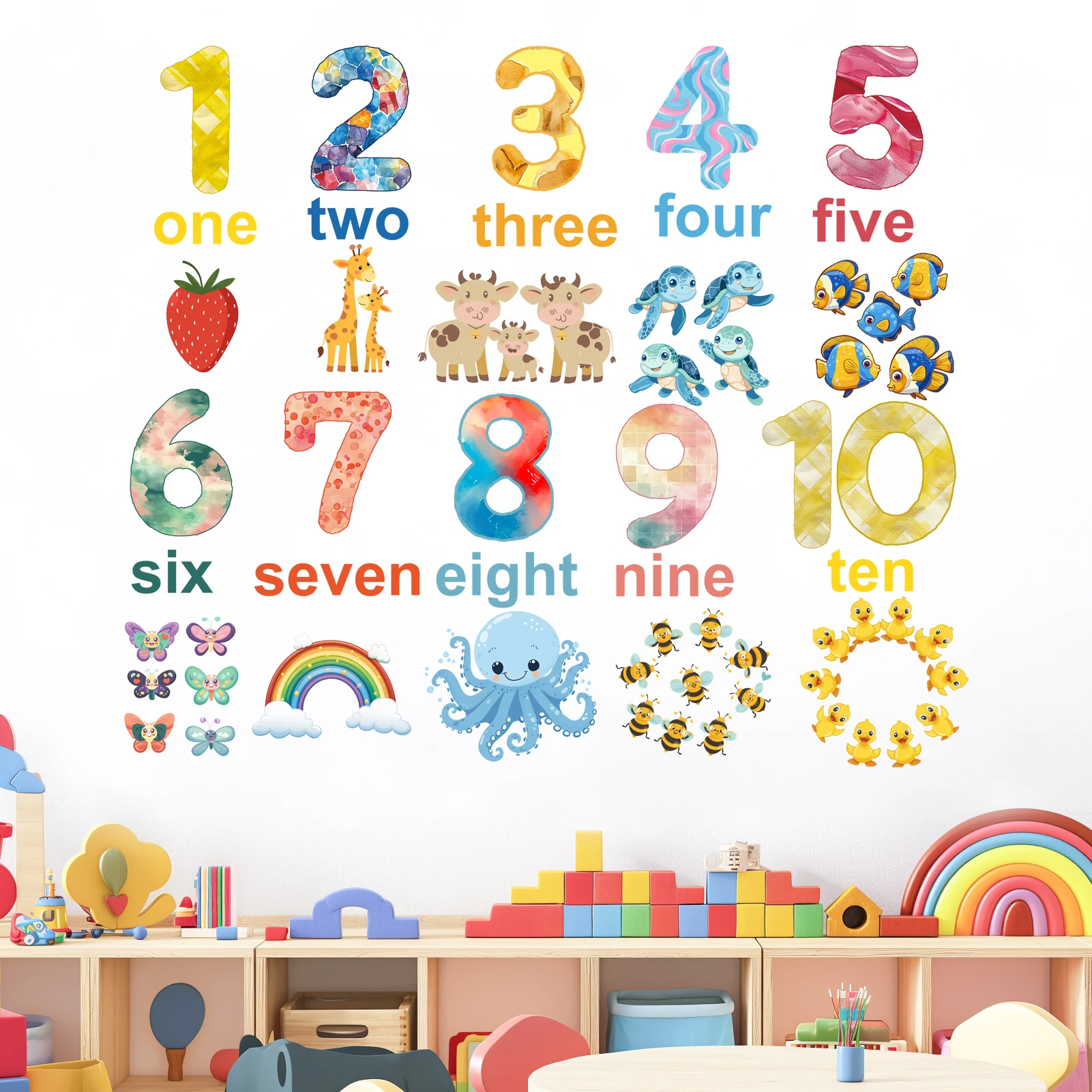 Number 1-10 Animal Wall Sticker Educational Counting Art Wall Decal Removable Peel and Stick Home Decor for Study Room Library