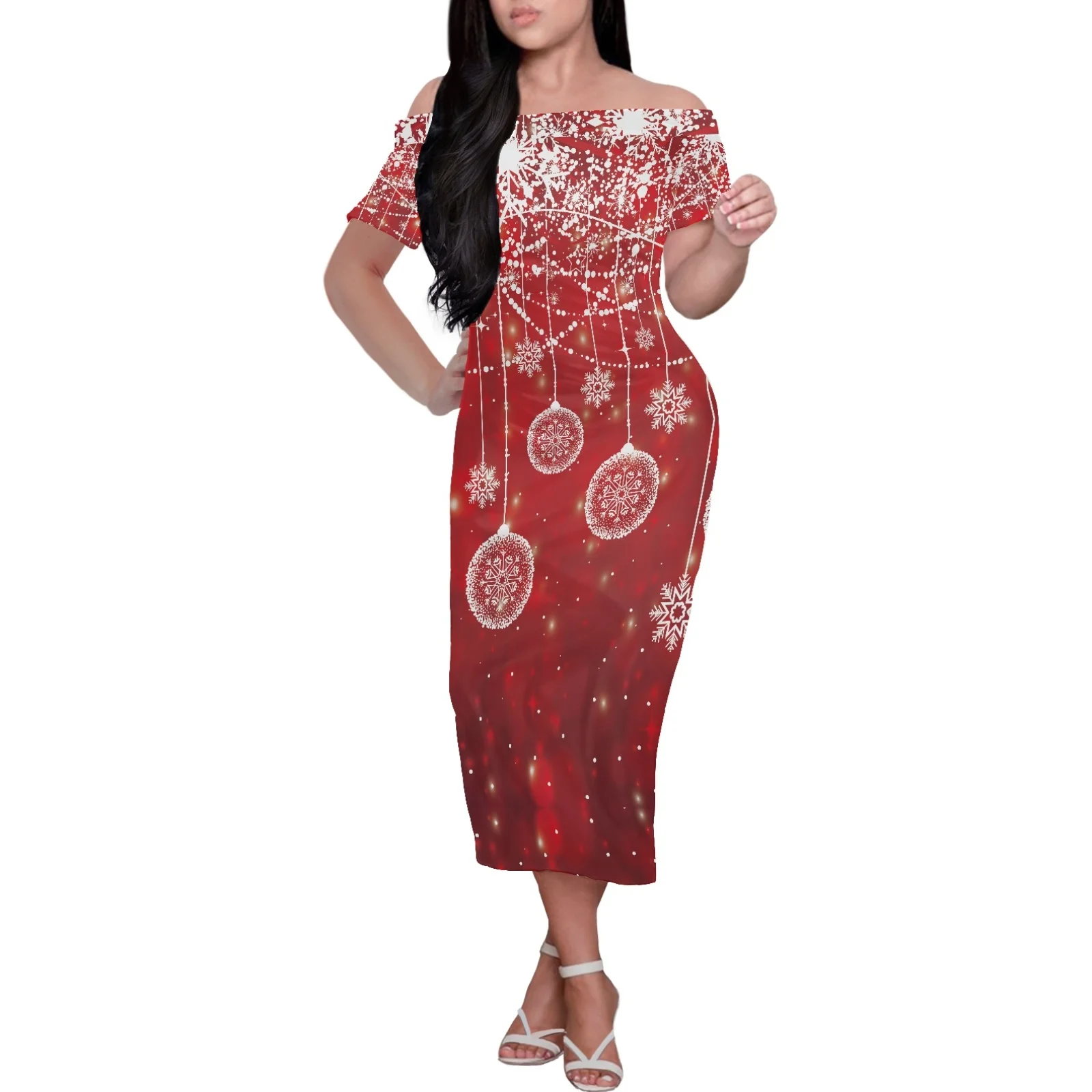 Red Elegant Balloon And Snowflake Party Dress Polynesian Christmas Elements Print Short Sleeved Off The Shoulder Sexy Dress