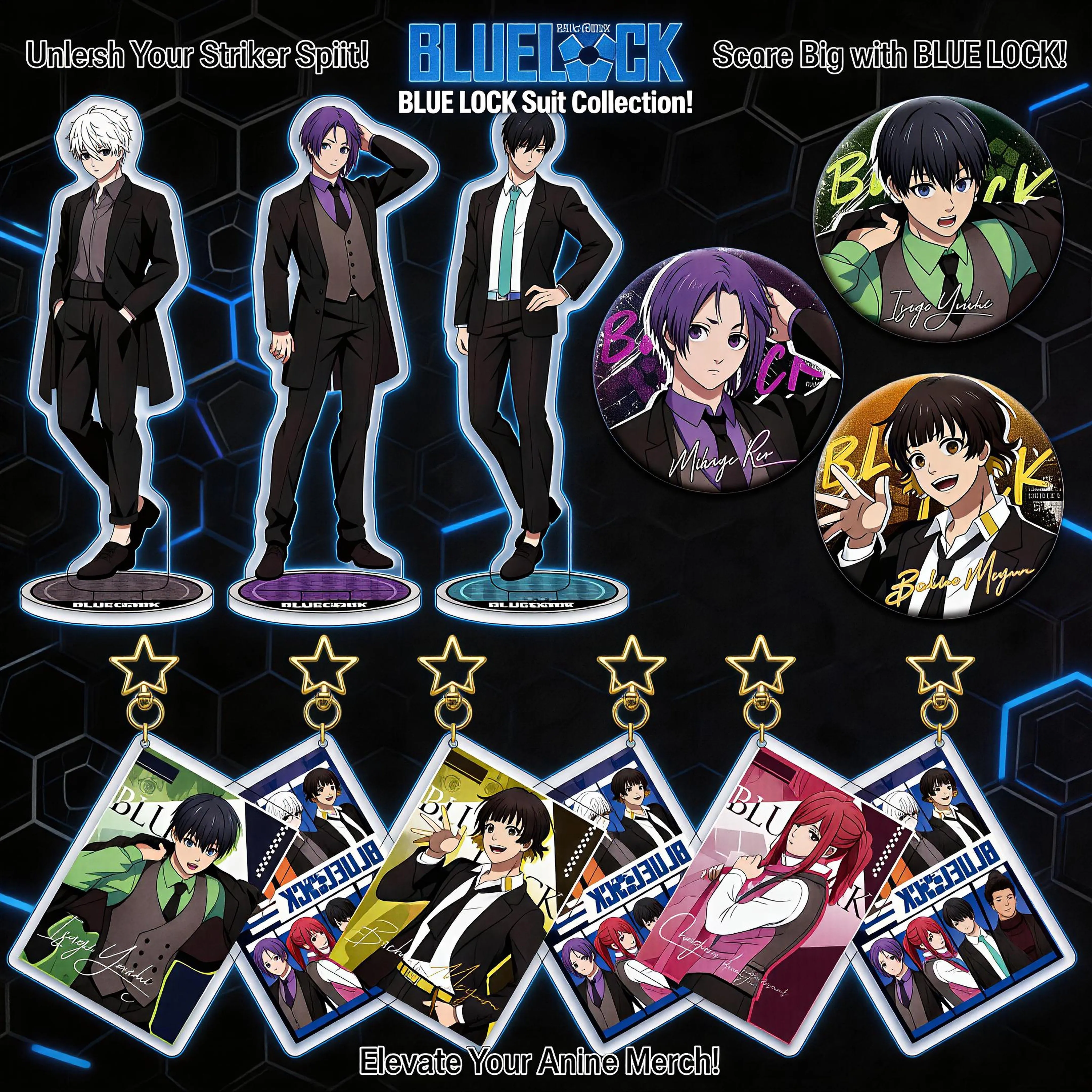 

Набор акриловых брелоков-подставок и значков Blue Lock (Аниме) с двойным эффектом мерцания: Исаги Йоичи, Бачира Мегуру, Наги Сейширо, Рин Итоши. Подарок.