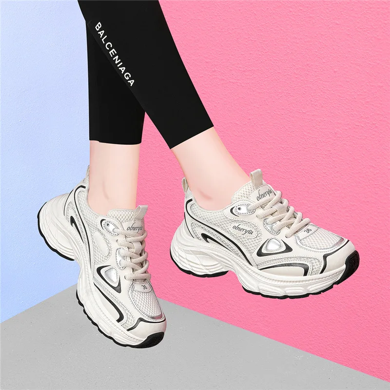 

Silver Thick Bottom Dad Shoes Women's Spring Autumn New Style Casual Sports Shoes Heightening Leisure Running Shoes