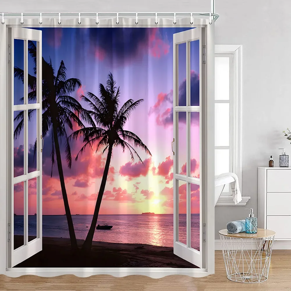 Coastal Shower Curtain Open Window View of The Sky Clouds Rising Sun Seascape Grass Morning Scenery Bathroom Decor Set with Hook