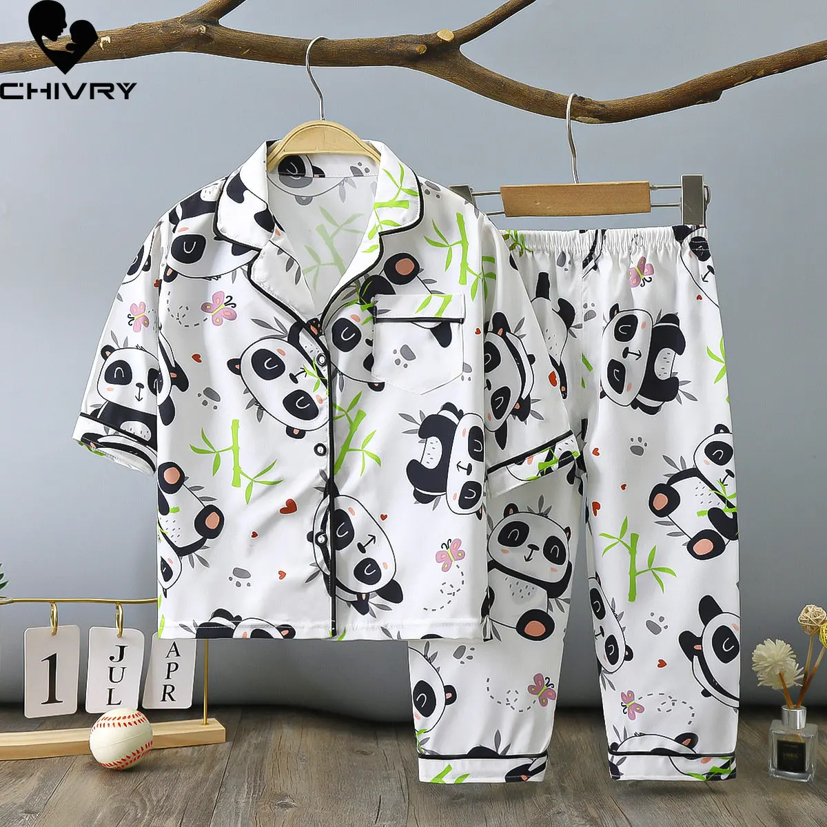 

Kids Summer Thin Pajamas New Boys Girls Cartoon Three-quarter Sleeve Lapel Shirt Tops with Pants Baby Girl Homewear Loungewear