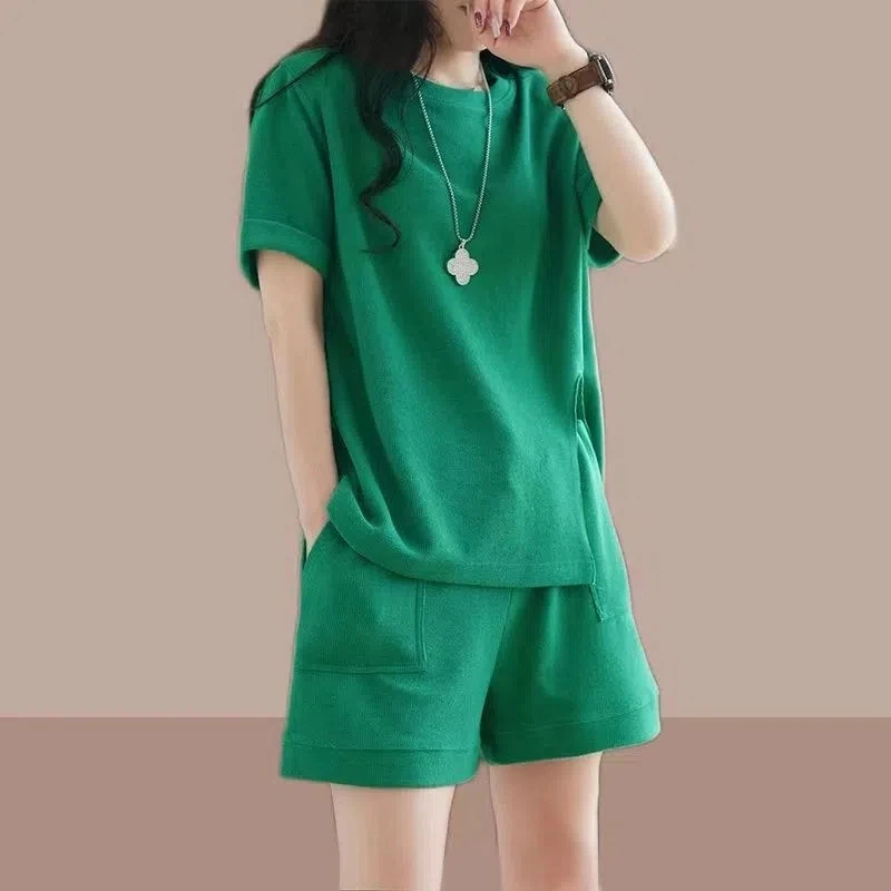 

Loose Fashionable Women's Two-Piece Set Short Sleeve Summer Sporty Slimming Casual Style Cotton round Neck T-Shirt Shorts