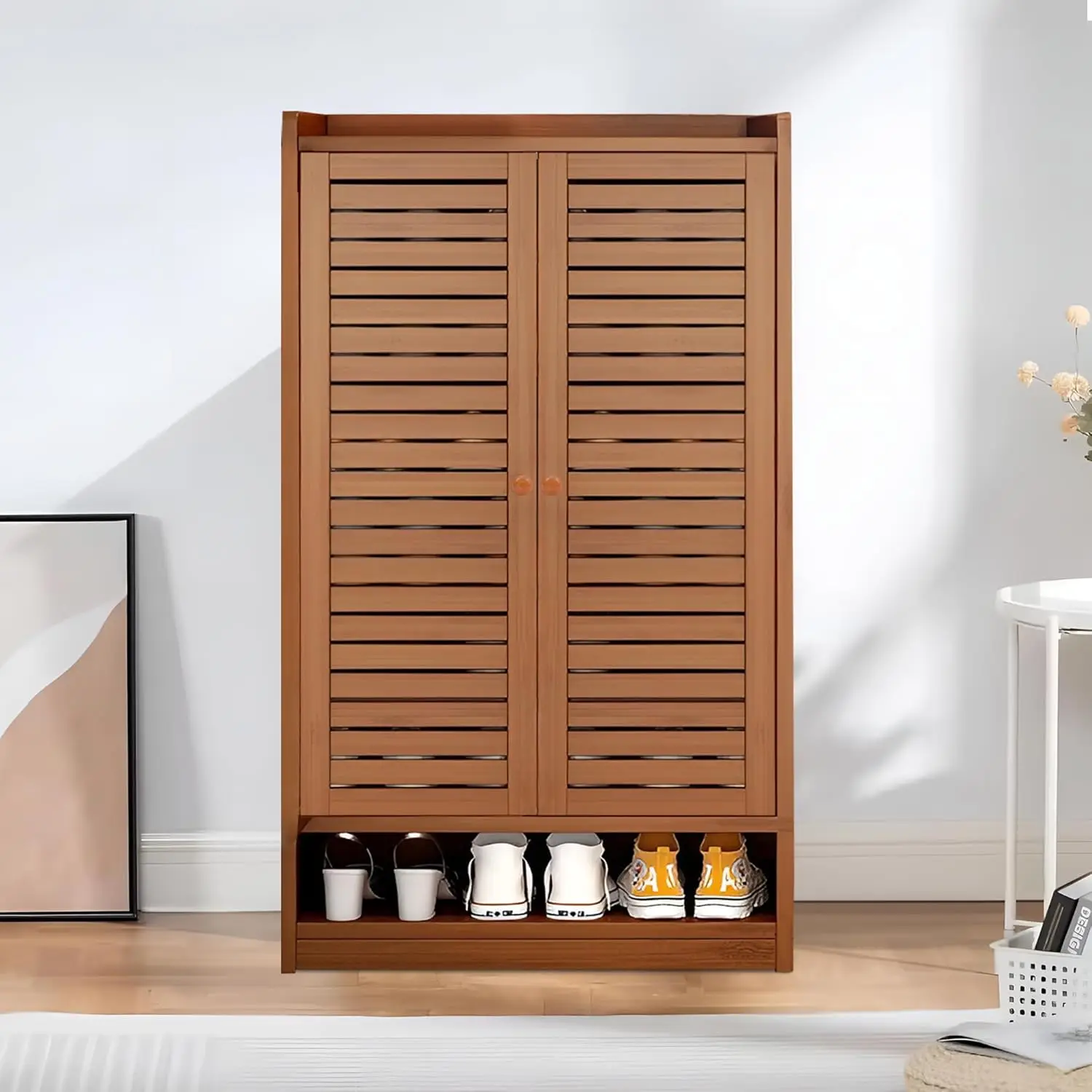 

Cabinet Storage Rack Louvered Door 5 Tier Shelves Shoe Rack Organiser | Freestanding Slim Shoe Cabinet for Entryway | Narrow Sho