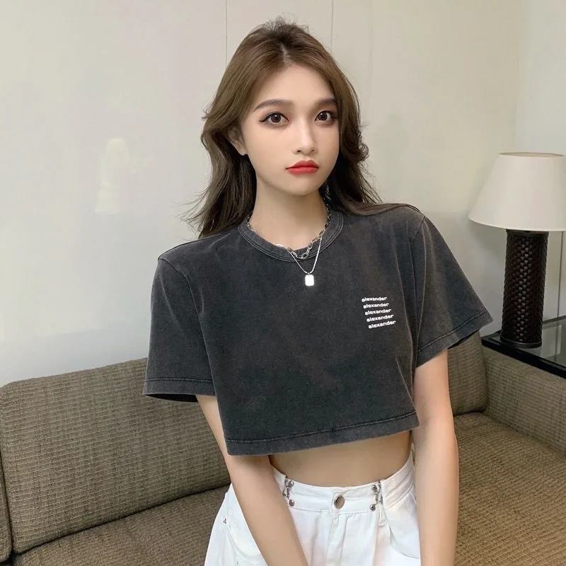 Summer 2026 Women's Distressed Short Sleeve T-shirt Ultra-short Spicy Girl Exposure Belly Top Cotton round Neck Regular Sleeve