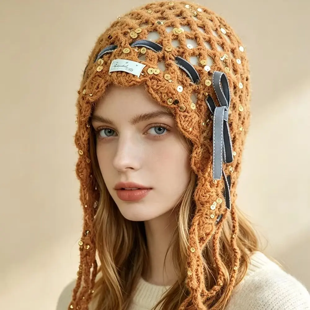 Hollow Out Pearl Tassel Pendant Headband Hat For Women, Summer Ethnic Style Knitted Pullover hat, Retro Face Enhancing Small Hat