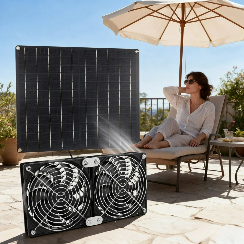20W Solar Panel Dual Cooling Exhaust Fan Low Noise Large Air Volume Outdoor Solar Vent Fan for Chicken Coop Dog Kennel