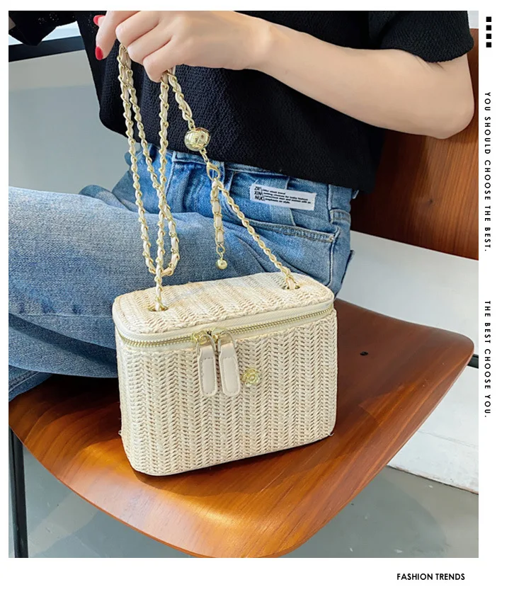 2026 Sommer Mini Stroh-Bucket-Crossbody-Tasche für Damen – Geflochtene Damenhandtaschen und -geldbörsen mit Kette, einfache Umhängetaschen – Detail 2