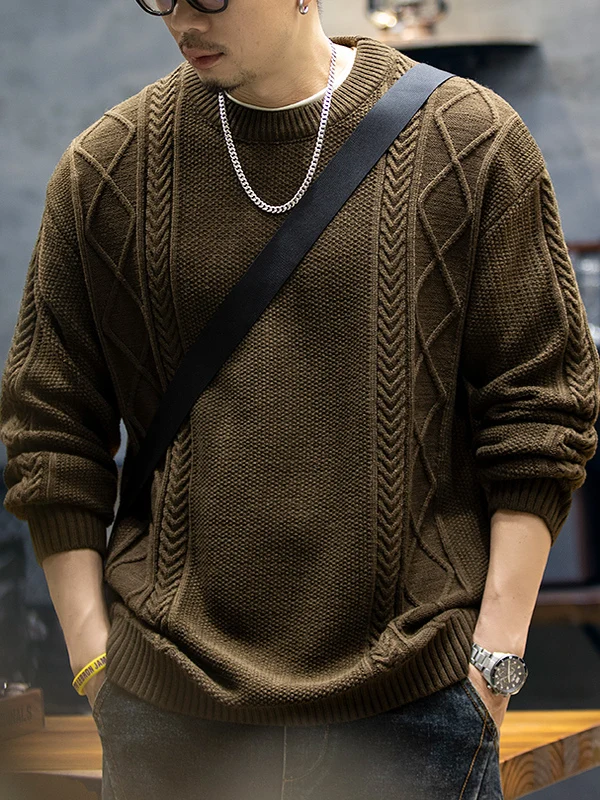 

Мужской свитер в стиле ретро, американский трикотаж, свободный крой, круглый вырез, осенне-зимний, повседневный, комфортный, теплый, из полиэстера и акрила.