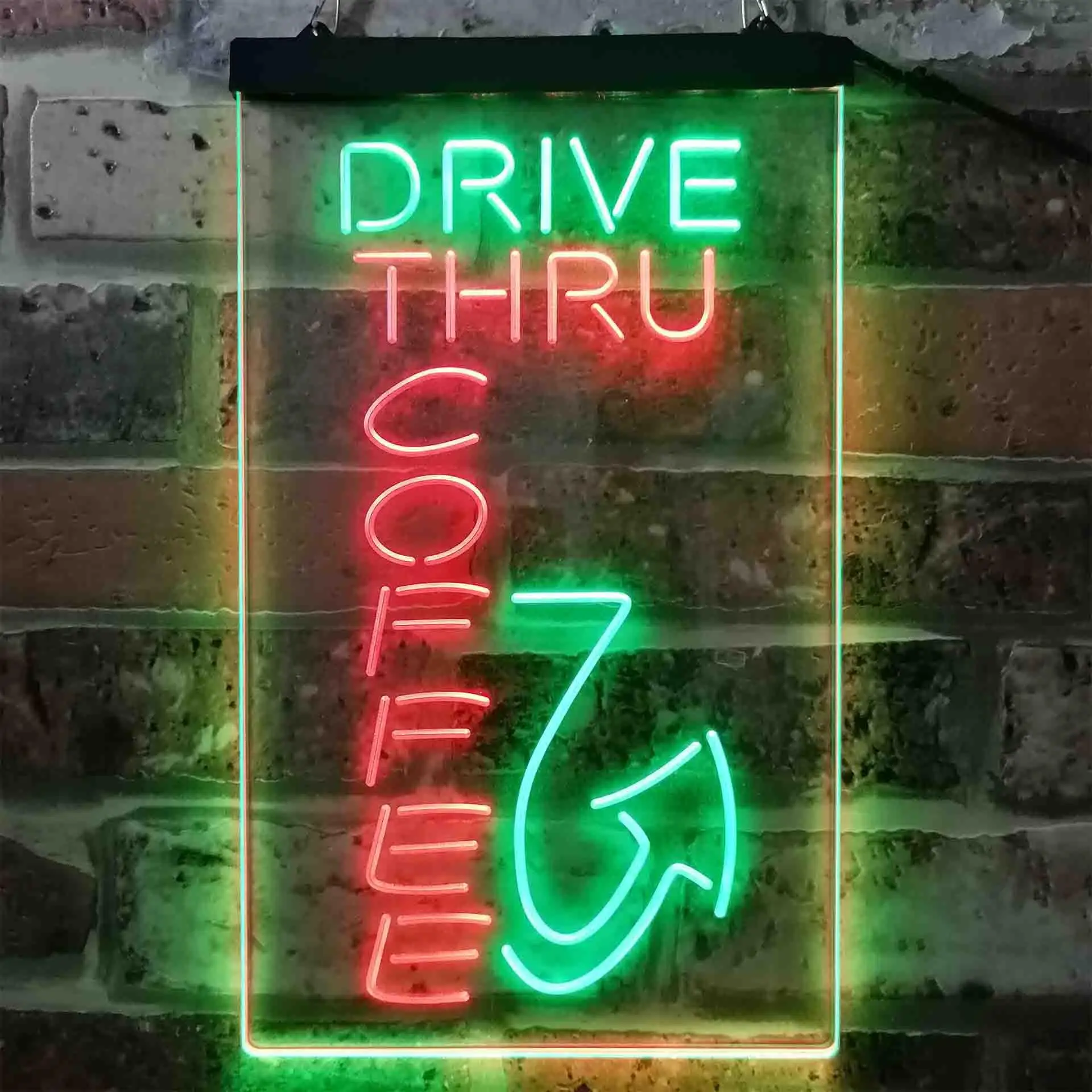 DRIVE THRU COFFEE. with Direction Arrow Dual Color Led Neon Sign st6-i3878