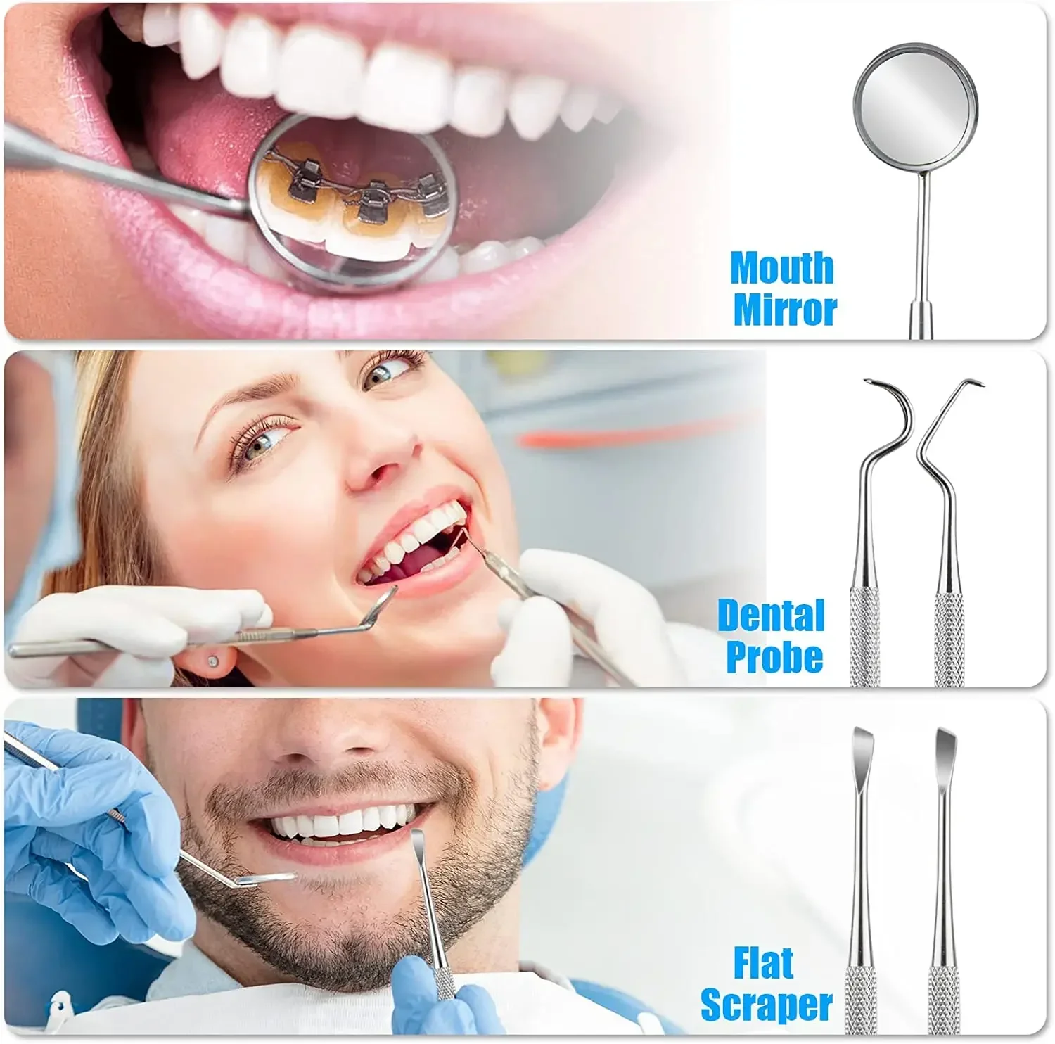 Stainless Steel Dental Mirror Oral Care Tool Teeth Cleaning Hoe Tweezers Probe Flat Pointed Sickle Scraper