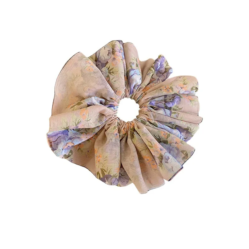 High-end fresh girls oversized floral hair ring layered chiffon satin hair rope leather cover female head rope hair accessories