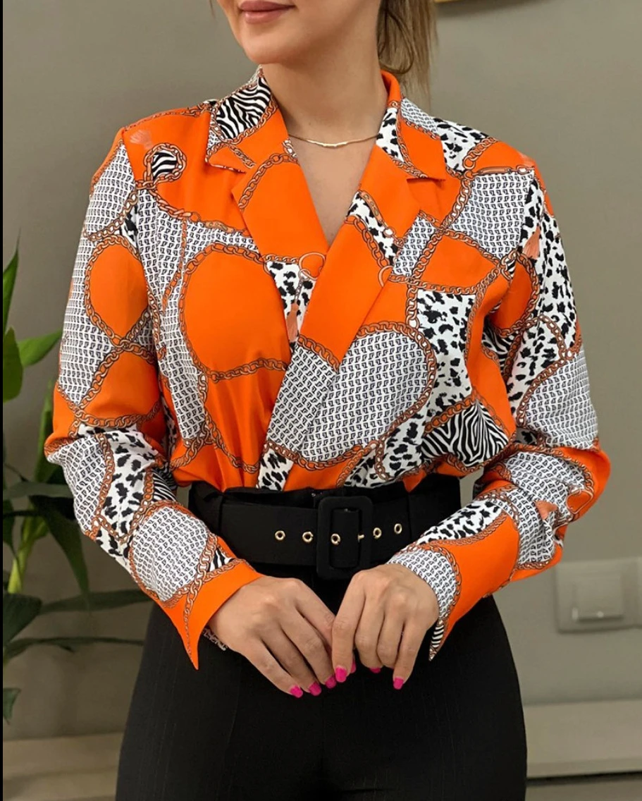 

Женская блузка с длинным рукавом, V-образным вырезом, цепочкой и принтом животных, в стиле пэчворк — повседневная элегантная офисная одежда (4 цвета: черный, оранжевый, розовый, серый)