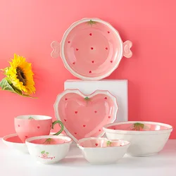 Creative Pink Love Ceramic Dinner Plate Cute Girl Cutlery Set Rice Bowl Cooking Pasta Plate Salad Fruit Plates Kitchen Utensils