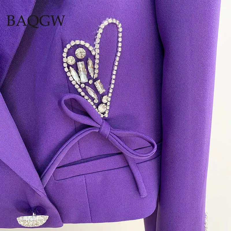 Women\'s Love Heart Diamonds Buttons Patchwork Crop Blazer +Skirt Luxury Matching Suit Casual Designer RHinestoned Two Piece Sets