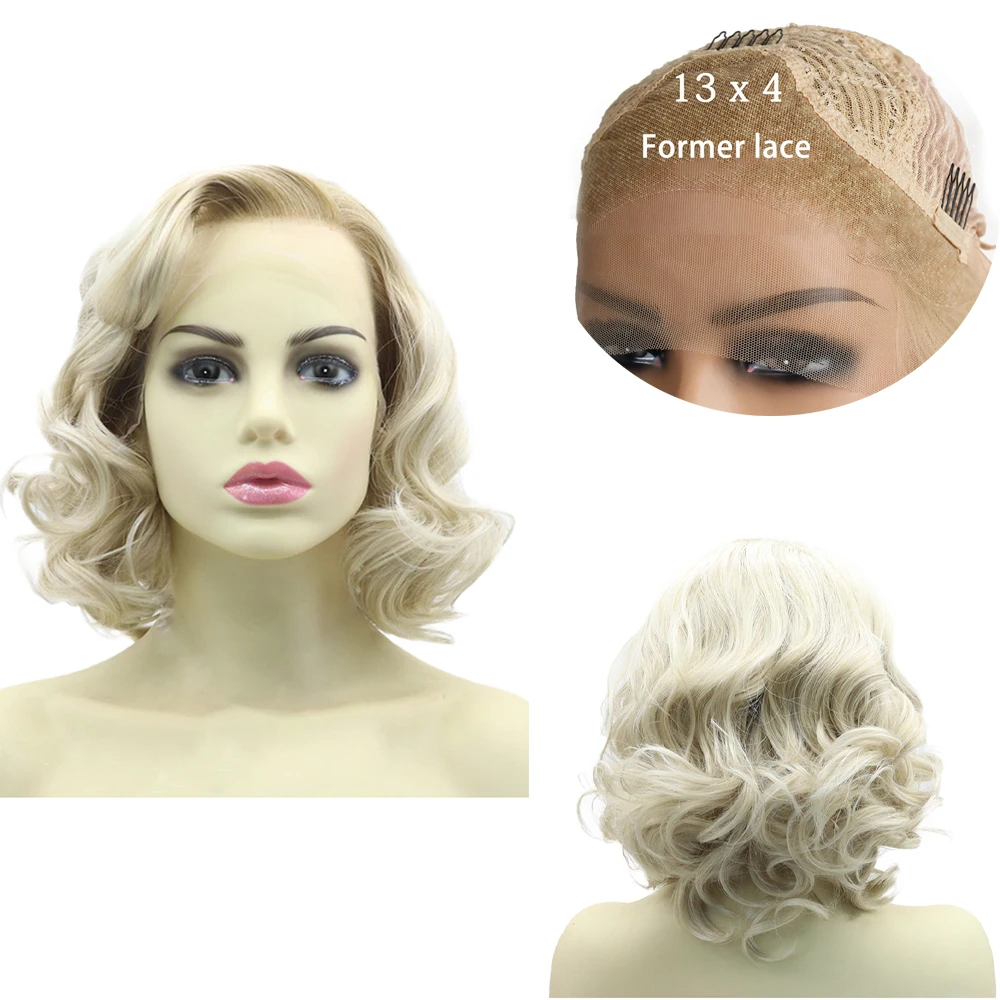 วิกผมสังเคราะห์คุณภาพสูงสำหรับคอสเพลย์มาริลีน มอนโร แบบผูกเชือกด้านหน้า 13×4 3×3 สำหรับงานฮาโลวีน งานปาร์ตี้ หรือใช้ในชีวิตประจำวัน ผมสั้นหยิก 14 นิ้ว