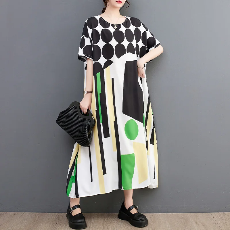 #3396 Printed A-line Dress Women O-neck Long T Shirt Dress Short Sleeve Casual Vintage Midi Dress Female Retro Ladies Dresses