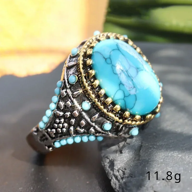 Hot Selling New Retro Men's Electroplated Two Color inlaid Turquoise Ring Manufacturer Direct Sales