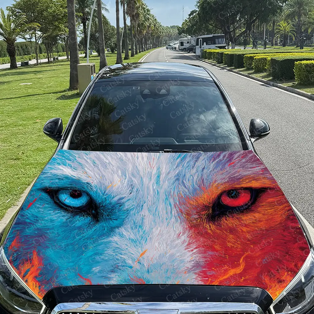 

Heterochromatic Eyed Wolf Car Hood Vinyl Wraps, PVC Waterproof Car Bonnet Decals, Self-Adhesive Scratch-Resistant Stickers For E