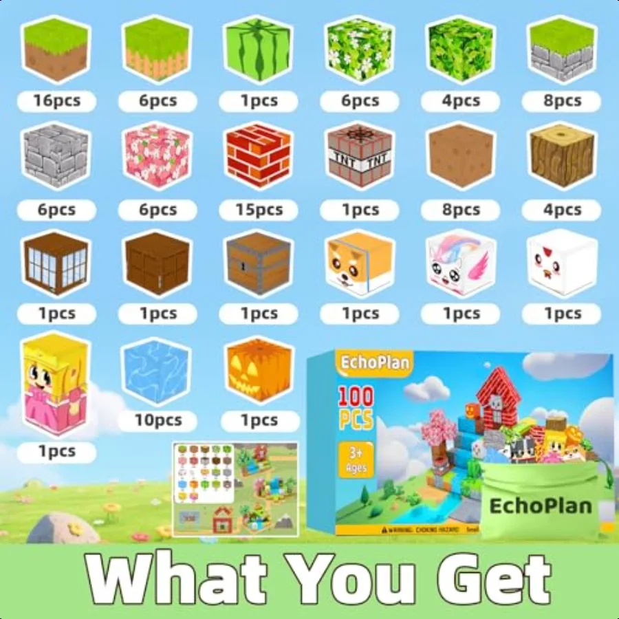 EchoPlan كتل مغناطيسية 100 قطعة اللبنات المغناطيسية لبناء عالم ثلاثي الأبعاد الجذعية البناء الحسي التراص كتل المغناطيس T