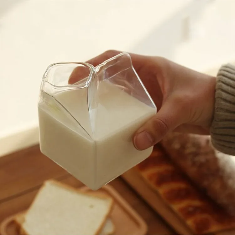350/500ml Borosilicate Glass Milk Carton Style Creative Mini Creamer Jug Glass Milk Mug Cup Milk Cup Juice Cup