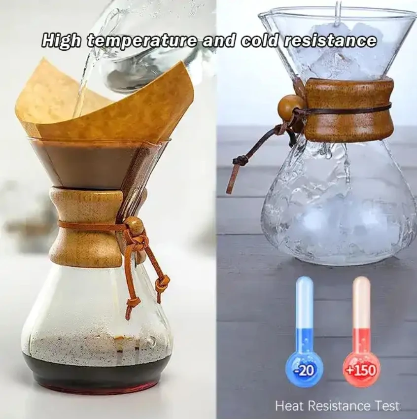 Chemex 커피 핸드 브루드 커피 유리 주전자, 드립 나무 칼라, 커피 브루 주전자, 커피 메이커, 400ml, 600ml, 800ml