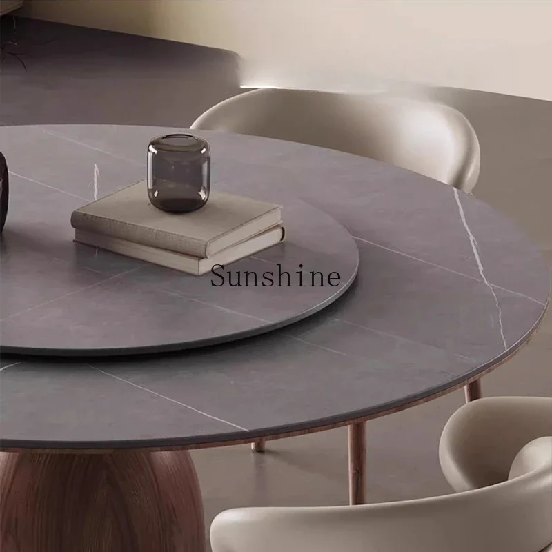 Household medieval small apartment round dining table embedded turntable rock slab round dining table and chair combination