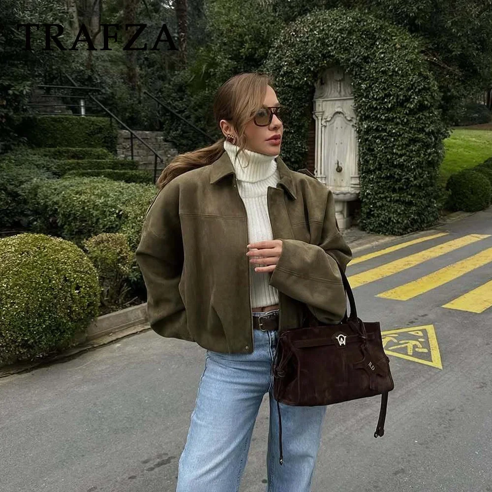 TRAFZA 2025 Spring Summer Casual Women Jackets Fashion Vintage Solid Zipper Turndown Collar Oversized Chic Ladies Coats