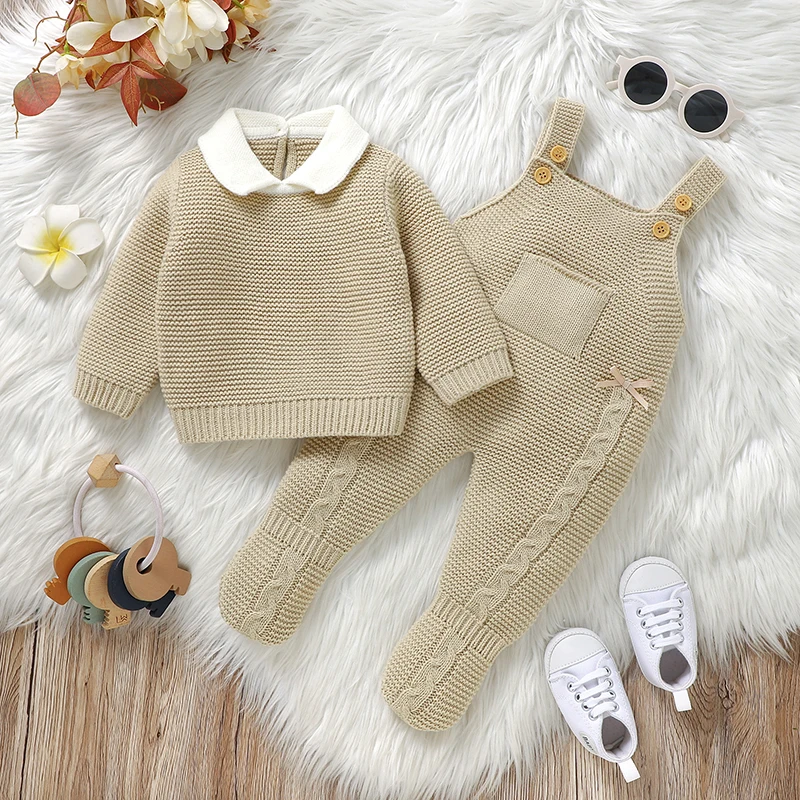 Autumn Baby Clothes Sets Knit Infant Boy Girl Sweater Long Sleeve+Romper Sleeveless Newborn Kid Pullover+Jumpsuit Foot Wrap 0-9M