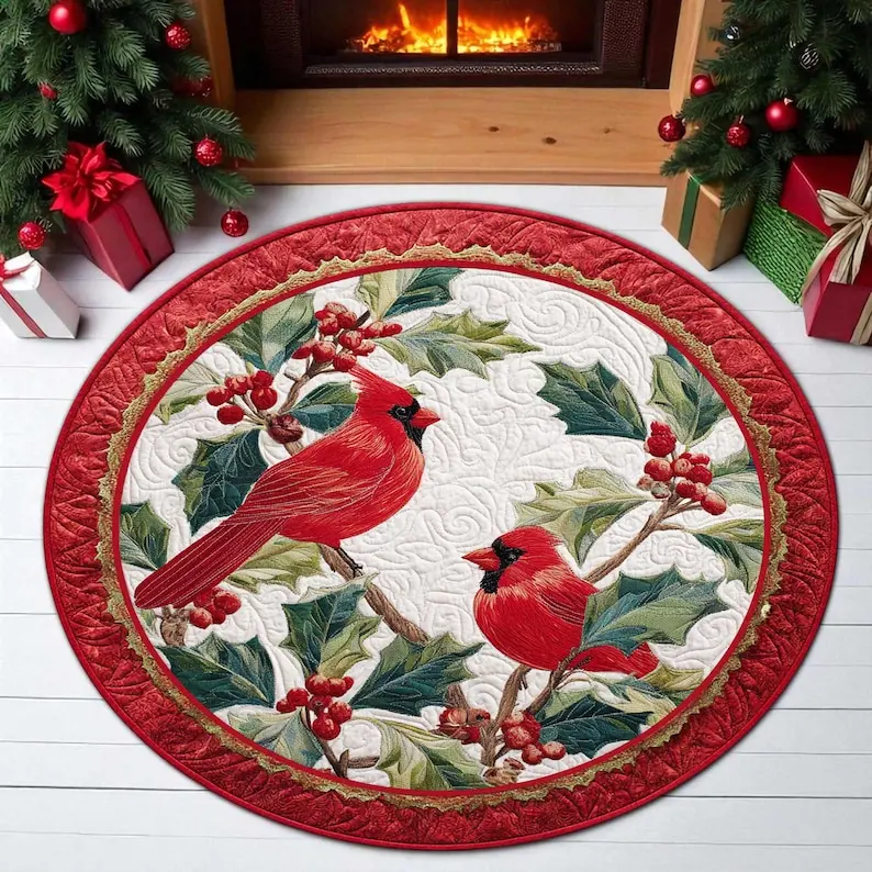 Cardinal Bird Christmas Round Doormat, Welcome Holiday Mat, Festive Home Decor Rug, Indoor Xmas Gift Idea (2D Flat Printing)