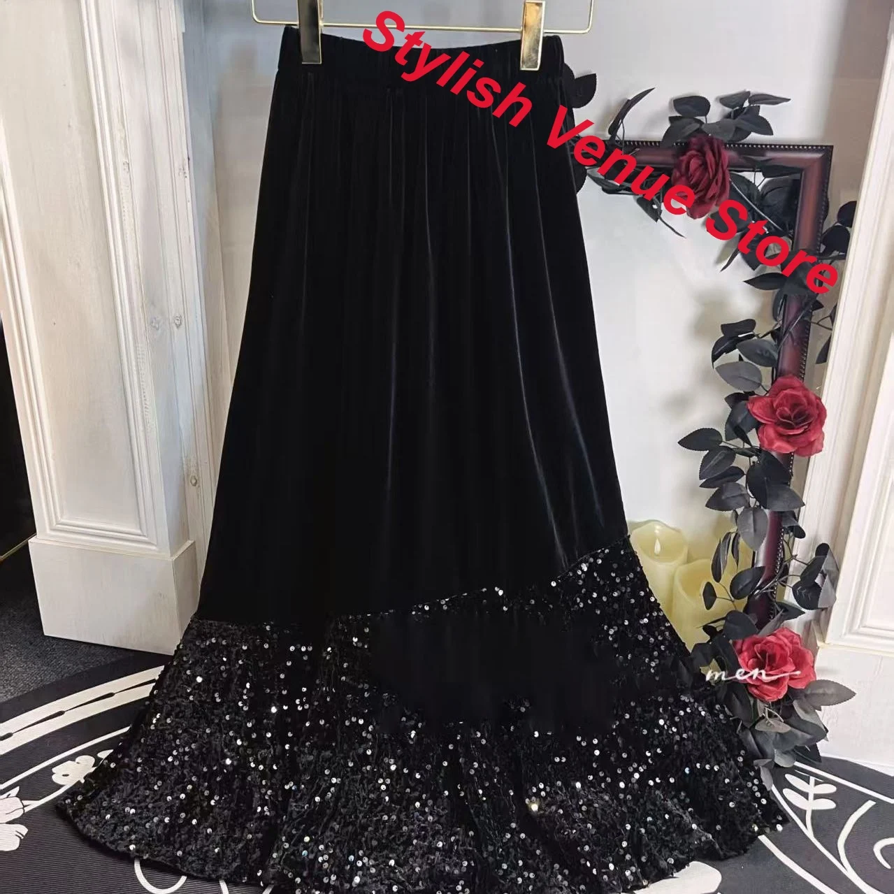 French Retro Temperament Sequins Casual Skirt Women's Winter New Fashion Design Advanced Sense of Luxury Joker Long Big Skirt.
