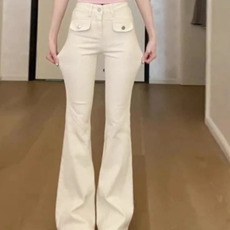 

Street Casual White Flared Jeans for Women, Autumn New High Waist Slim Fit Straight Floor-Length Pants