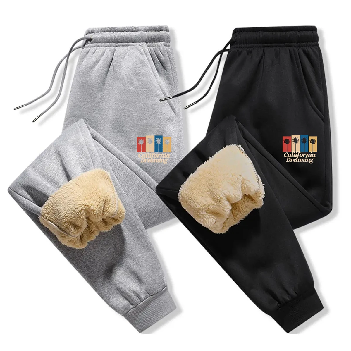 

Men's Black & Gray 2-Pack Casual Pants: Warm Fleece Lining, Drawstring Design for Casual Winter Wear