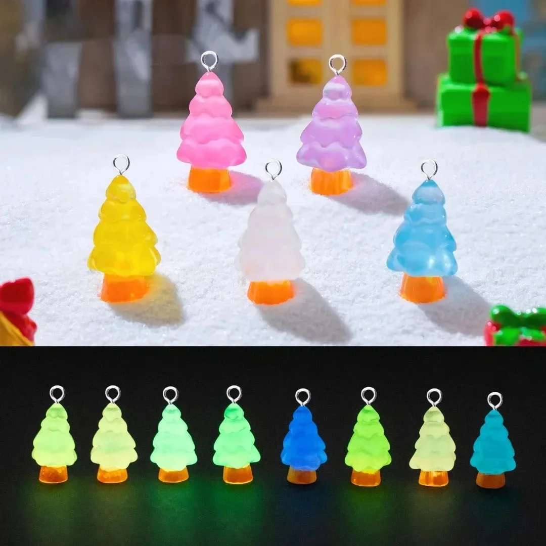 10Pcs Kawaii Christmas Tree Resin Pendants Colorful Luminous Charms For Handmade Earrings Necklace Jewelry Craft Findings