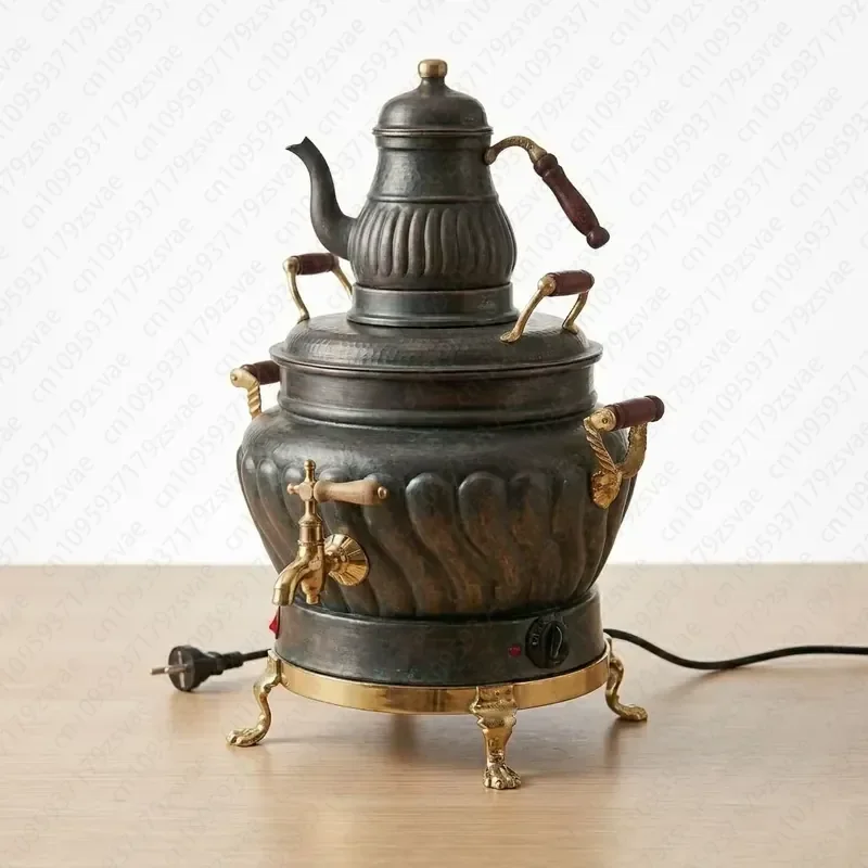 handmade copper electric teapot 22 liters with teapot, 2500 watt thermostat, vintage oxidized Turkish teapot