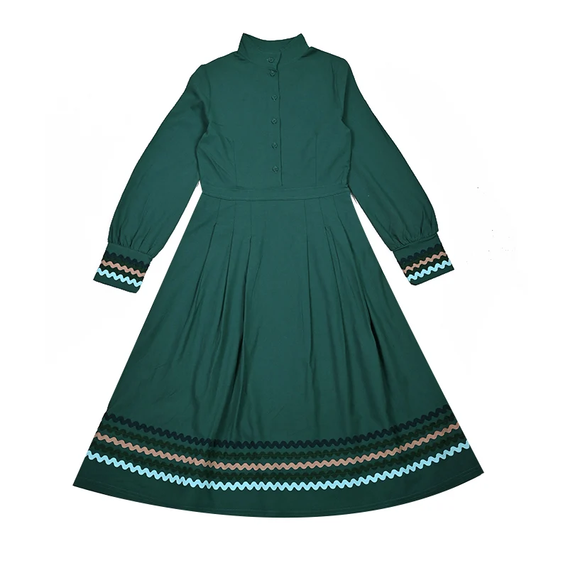 summer-teens-long-sleeve-dress-for-girls-with-colored-ribbons-pleated-skirt-stand-collar-side-buttons-placket-ladylike-style