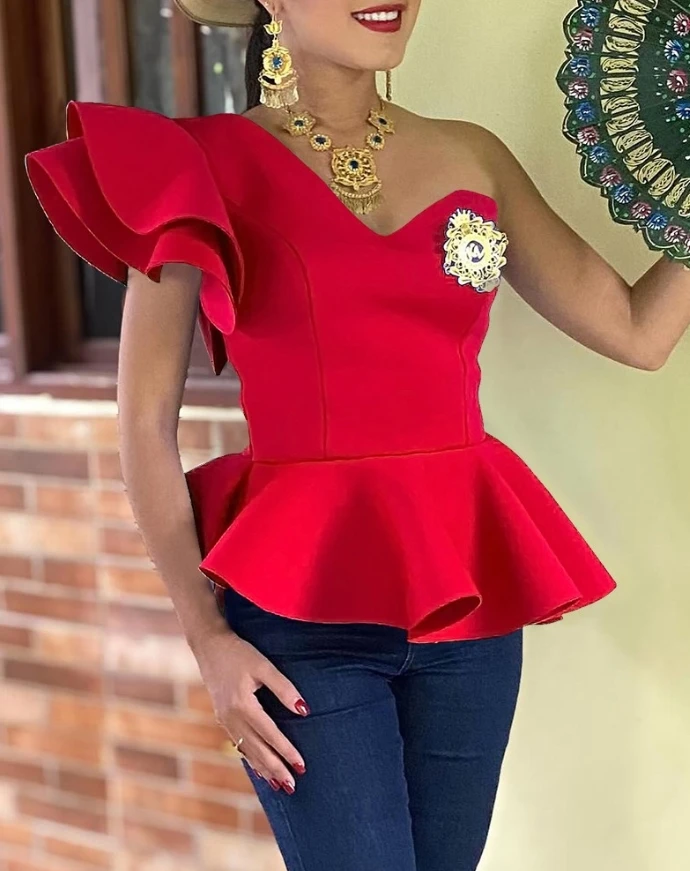 Women's Skew Neck Elegant Skinny Top Temperament Commuting Female New Fashion Slim Ruffles Design Flutter Sleeve Blouses