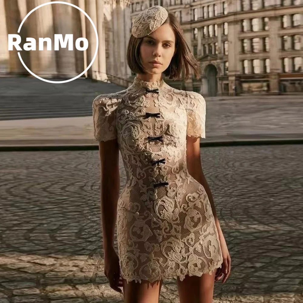 Ranmo Elegant Lace Mini Dress Chic Cheongsam Style Short Sleeve High Neck Bodycon A-Line Gown 2026 Party Cocktail Dresses