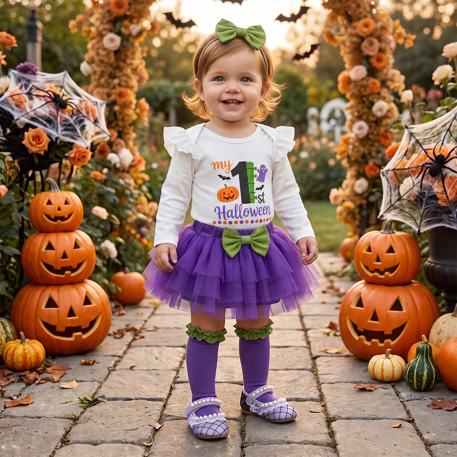 Baby Girl My First Halloween Outfit Long Seeve Romper Mesh Lace Skirt Headband Socks Halloween Costume