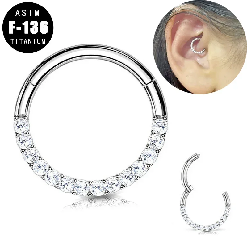 ASTM F136 Titanium Nose Ring Piercing Hinged Segment Hoop Rings with Cz Paved Front Daith Earrings Ear Cartilage Tragus Jewelry