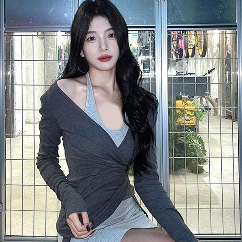 Suit Women Autumn Grey Halter Mini Dress V-neck Long Sleeve Tops Two-piece Set