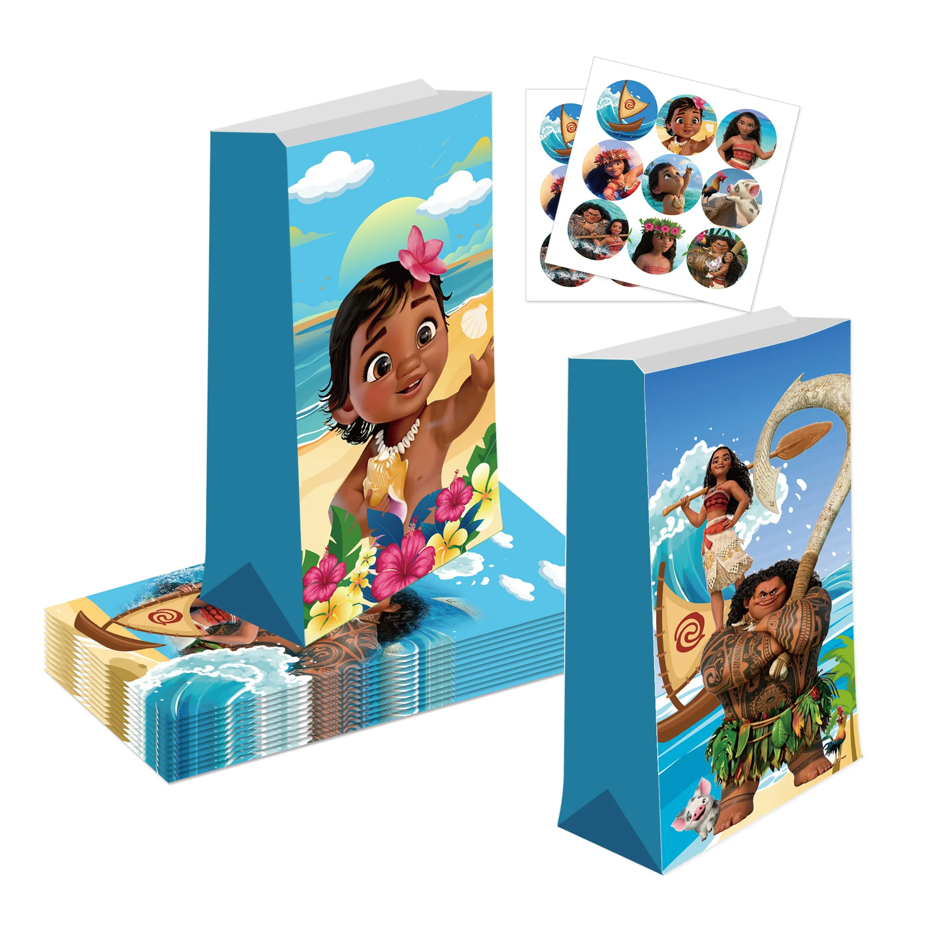 12Pcs Disney Moana Gift Bag With Stickers Paper Cookie Candy Packaging Bag Moana Baby Shower Birthday Party Decorations