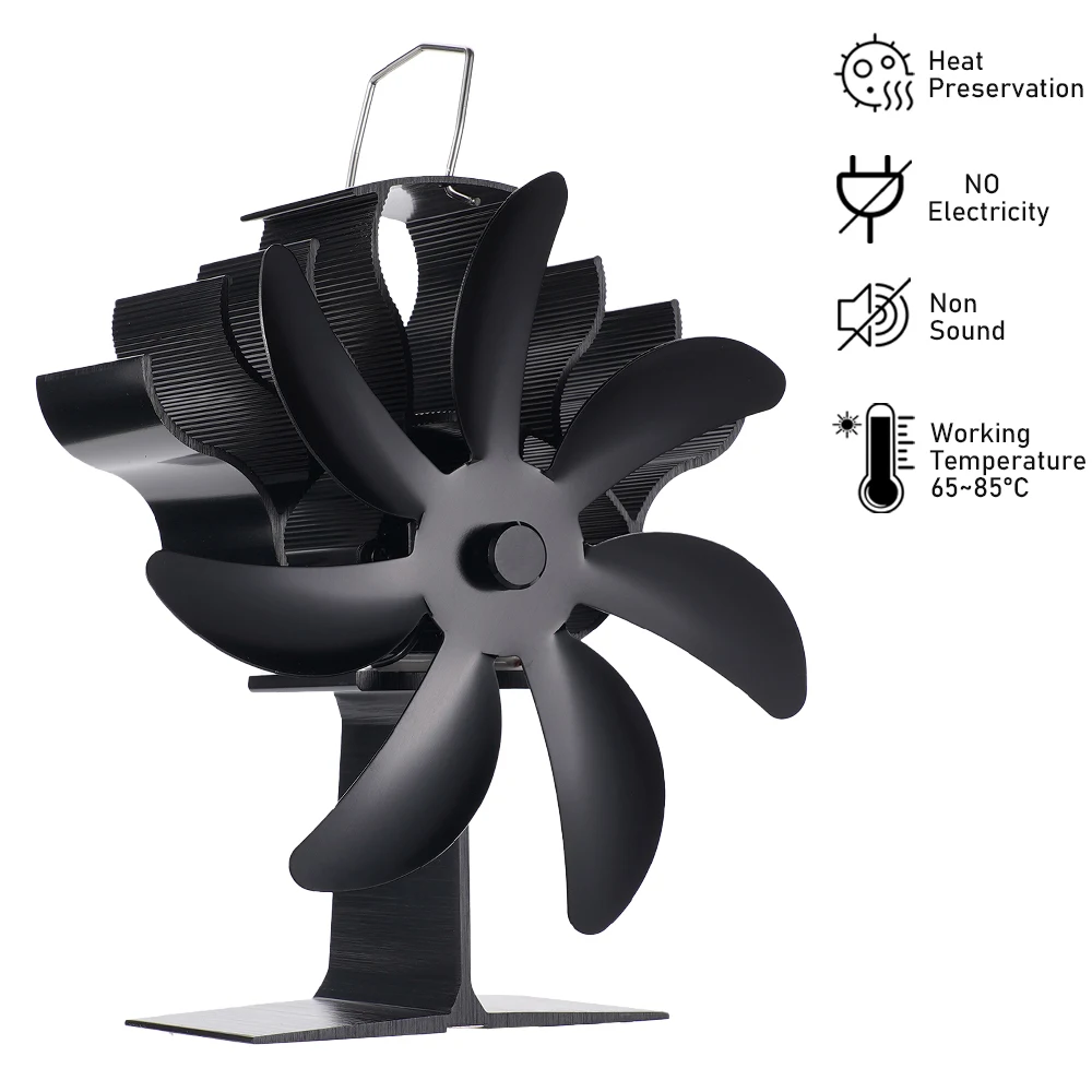 7 Blades Heat Powered Stove Fan Black Fireplace Fan Log Wood Burner Eco Quiet Fan Home Winter Heater Efficient Heat Distribution