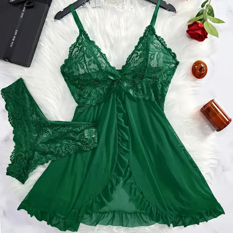 2 Pcs Set Lace Nightgown Women Exquisite Homewear New Green Nighttime Pajamas Transparent Split Nightdress V-Neck Bra Panty Sets