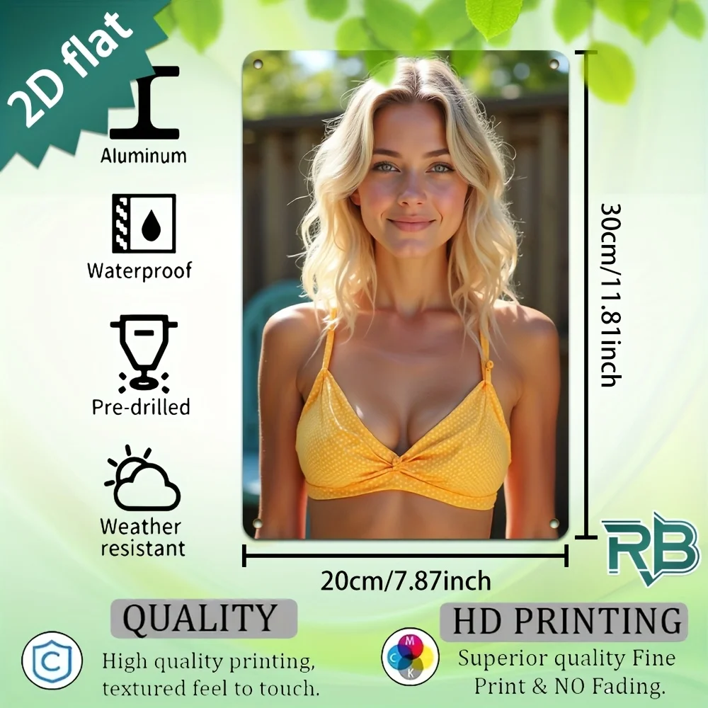 Yellow Polka Dot Bikini Smiling Blonde Girl Vintage Metal Tin Sign, 2D Flat Casual Summer Wall Decor for Man Cave Cafe Garage