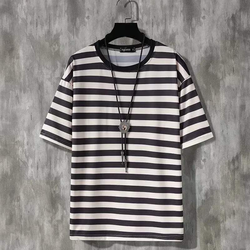 Summer New Sle Men's ort Sve T-irt Silk Cotton Ice Silk f Sve Striped Sea Soul Printed Loose Fit Casual Top