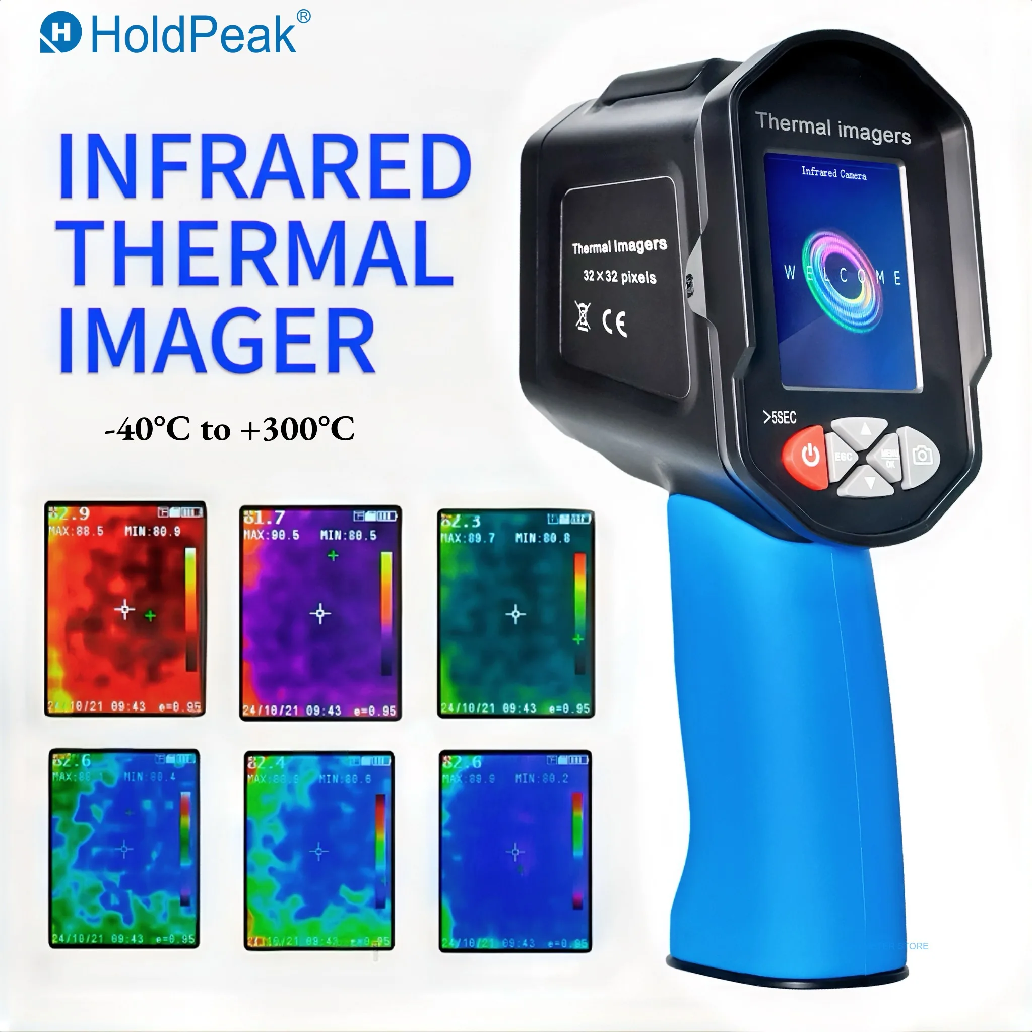 

HoldPeak Handheld Infrared Thermal Imager with Visible Camera, -40℃~300℃, 2.4" Color Screen, 32x32 IR, Adjustable Emissivity